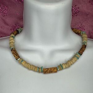 Handcrafted Beige and Turquoise Bead Necklace